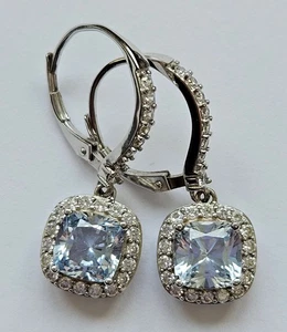 BNWOT Diamonique Silver Simulated Aquamarine Drop Earrings - Picture 1 of 4