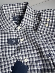 Camisa Hackett Hombres Melange Azul Gris Cuadros Calce Ajustado Algodón Talla Pequeña PVP £125 - Imagen 1 de 12
