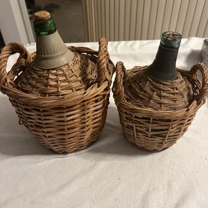 Vintage V. Levante Spanish wicker covered green glass demijohn bottles Set Of 2 - Picture 1 of 19