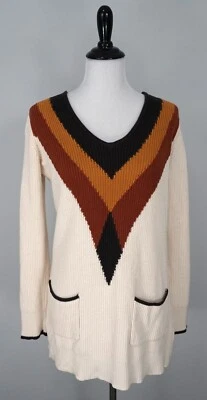 Suéter Pullover Largo Bolsillo Cuello en V Blanco Naranja Negro CHELSEA & THEODORE Talla S Foto 1 de 4