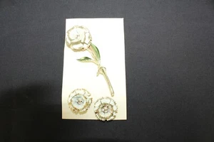 Jewelry Set Hand Enameled Pin & Earrings Set Long Stemmed Rose Pin 2D Vintage - Picture 1 of 6