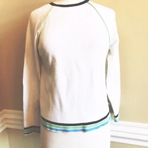 Izod Womens Cotton Blend Sweater White Ribbed Knit With Colored Bands Sz Large - Picture 1 of 11
