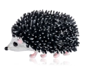 18K WHITE GOLD PLATED AND BLACK ENAMEL HEDGEHOG BROOCH WITH RHINESTONE EYE - Picture 1 of 1