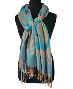100% Pashmina Cashmere Scarf Wrap Turquoise Abstract Print Fringe Luxury - Picture 1 of 5