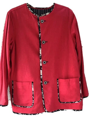 Koos Of Course Reversible Jacket Red/Black Stripes Sz S Front Button Linen Rayon - Image 1 of 4