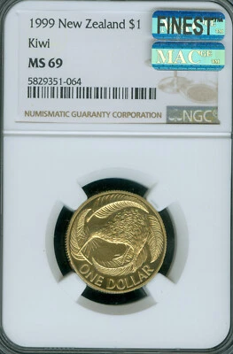 1999 NEW ZEALAND DOLLAR NGC MS69 MAC FINEST MAC SPOTLESS 3,190 MINTED * - Image 1 of 2