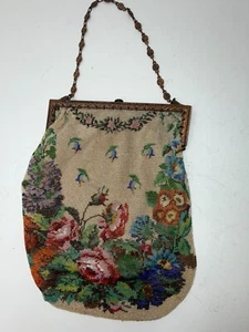 Antique 1910-20s Cream & Floral Glass MICRO BEAD Gold Frame PURSE Bag FLAPPER - Picture 1 of 10