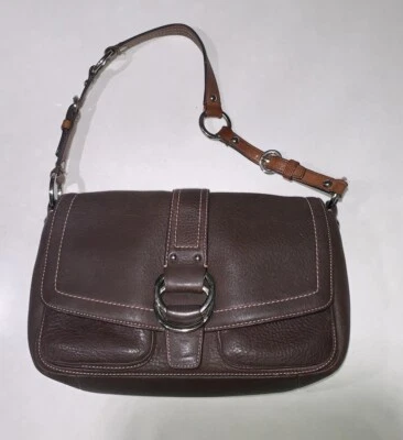 De Colección CHELSEA Coach Marrón Cuero Guijarro Bolso de Hombro Solapa Plateado Herrajes Foto 1 de 4