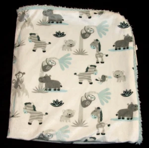 Blankets Beyond Blue Gray Monkey Giraffe Zebra Sloth Tiger Hippo Blanket Jungle - Picture 1 of 4