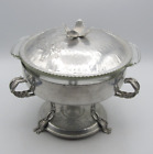 VINTAGE HAMMERED ALUMINUM WARMING CHAFING DISH - FIRE KING DIVIDED GLASS LINER
