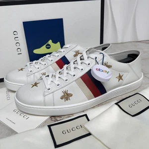 Zapatillas Gucci ACE Web Sylvie Estrellas Abejas Bordadas Cuero Blanco 11 EE. UU. 41 UE - Imagen 1 de 12