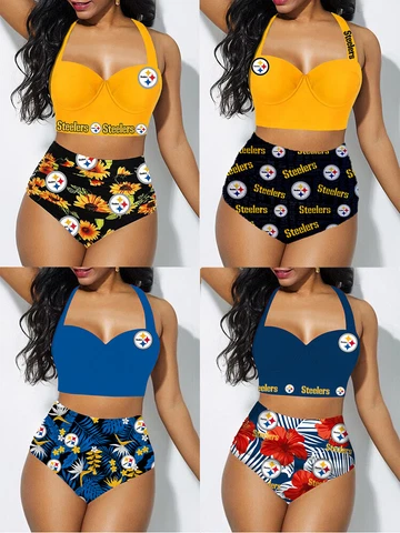Pittsburgh Steelers 2pcs Women's Floral Bikini Butt Lift Swimsuit Bathing Suit Cover