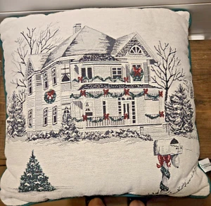Riverdale Decorative Tapestry Throw Pillow Victorian House Christmas Theme Snow - Picture 1 of 7