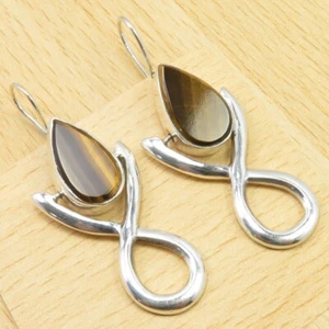 Genuine Gemstone TIGER'S EYE Earring 1.9" 925 Solid Sterling Silver Fine Jewelry - Picture 1 of 2
