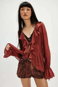 Jens Pirate Booty Free People Paradise Ruffle Tie Boho Top Blouse Size Small - Picture 1 of 5