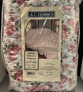 NEW Vintage BEDSPREAD Shabby Roses Seersucker Ruffled White Full AC Classics NOS - Picture 1 of 6