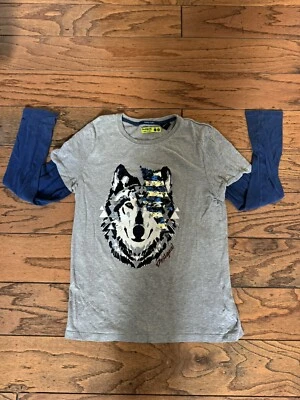 Desigual  Boys Gray Blue Sequins Wolf Size 13-14 Long Sleeve Top Shirt - Image 1 of 4