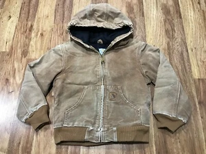 BOYS MEDIUM (8) - Vtg Carhartt YYJ130 Sandstone Flannel Quilted Hooded Jacket - Picture 1 of 19