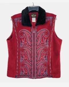 Bob Mackie Wearable Art Embroidered Fleece Vest Women’s Red Faux Fur Paisley L - Picture 1 of 7