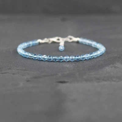 2-3MM Blue Topaz Faceted Round Gemstone Beaded Healing Men Women Bracelets 6-8" - Image 1 of 4