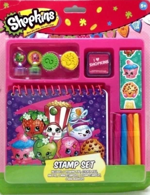 Juego de sellos Shopkins estampadores almohadilla de tinta rollo de pegatinas 1 almohadilla de dibujo 4 mini marcadores Foto 1 de 3