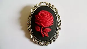 Red Rose Brooch Medieval Pin Pagan Gothic Black Cameo Wedding  - Picture 1 of 2