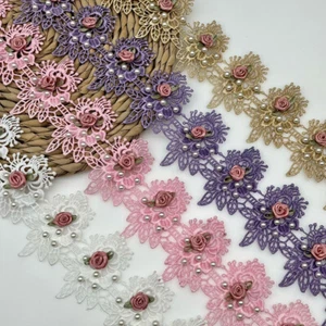 1 yarda Cuentas Rosa Flor Bordada Encaje Borde Costura Vestido de Boda Lencería - Imagen 1 de 16