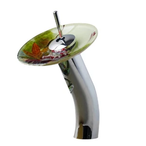 Bathroom Basin Mixer Green Vessel Glass Spout Waterfall Faucet Deck Mounted Tap - Picture 1 of 5