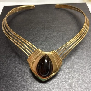 Trifari Collar V Choker Modernist Gold Tone Necklace Amber Color Teardrop Stone - Picture 1 of 20
