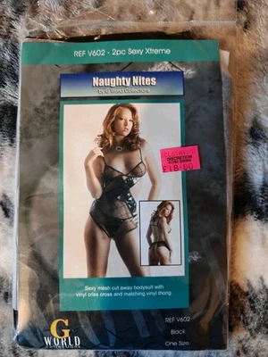 G World Sexy Mesh Cut-Away Bodysuit & Vinyl Thong - One Size Fits All - Image 1 of 2