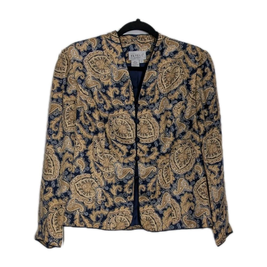 Chaqueta Papell Petites Vintage 10P 100% Seda Brocado Paisley Azul Marino y Forrada en Oro Foto 1 de 4