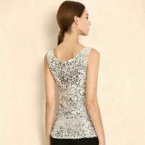 Women Full Sequin Vest Tank Tops Camisole Glitter Bling Sleeveless T Shirt Shiny - Picture 1 of 13