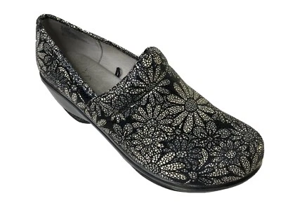 Zuecos Jambu Miro para mujer 9,5 cuero floral tacón de cuña zapatos negro blanco azul usados en excelente estado Foto 1 de 4