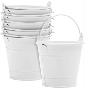 New 6 White Metal Tins Little 2.25”H Buckets w/ Handle Party / Wedding Favor Kit - Picture 1 of 16