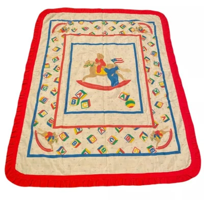 Vintage Baby Toddler Comforter Blanket Nursery Alphabet Blocks Ruffle Boy Girl - Image 1 of 4