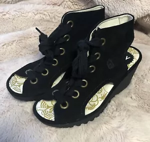 Fly London "Yaba702 fly" Wedge Sandals Womens Lace Up Black Size US 6 (EU 37) - Picture 1 of 12
