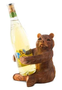 Wooden Hand Carved Grizzly Bear Wine Bottle Holder Rack Tabletop Wood Decor Bar - Picture 1 of 5