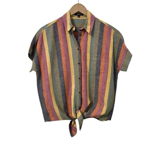 Madewell Womens Linen Blend Striped Tie-Front Top XS Button Up Short Sleeve - Picture 1 of 6