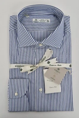 NUEVO CON ETIQUETAS LUIGI BORRELLI Super Sakellaridis Camisa de Vestir Azul Algodón Rayas 18/45 Foto 1 de 4
