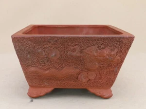 Japanese Bonsai Pot Tokoname IZUMI 9.4"(24cm) Brown Square Dragon sculpture I029 - Picture 1 of 6