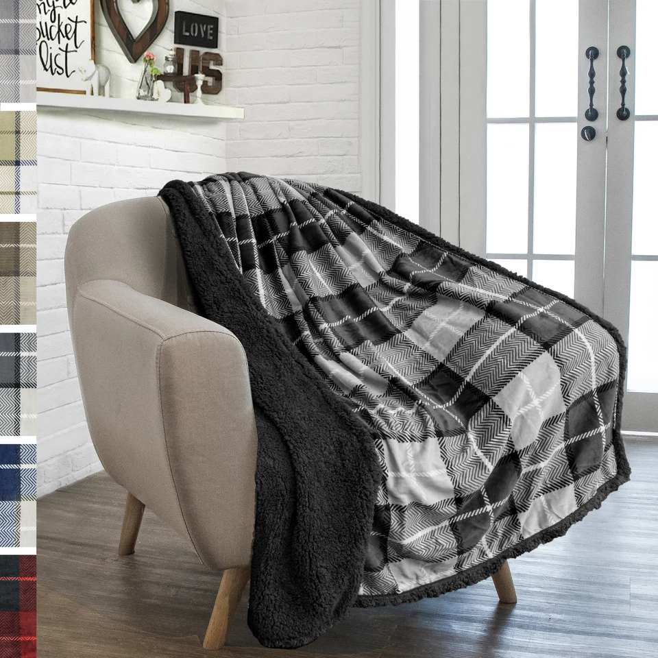 Plaid Throw Blanket for Couch Sofa Bed Sherpa Fleece Soft Microfiber Reversible - Image 1 of 1