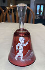 Vintage Mary Gregory ~ Red Glass Hand Painted Bird In Hand Bell ~ Ruby