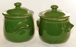 Pair of Vintage Green 1/4 Pint Lidded Stoneware Marmite Pot - Langley Pottery
