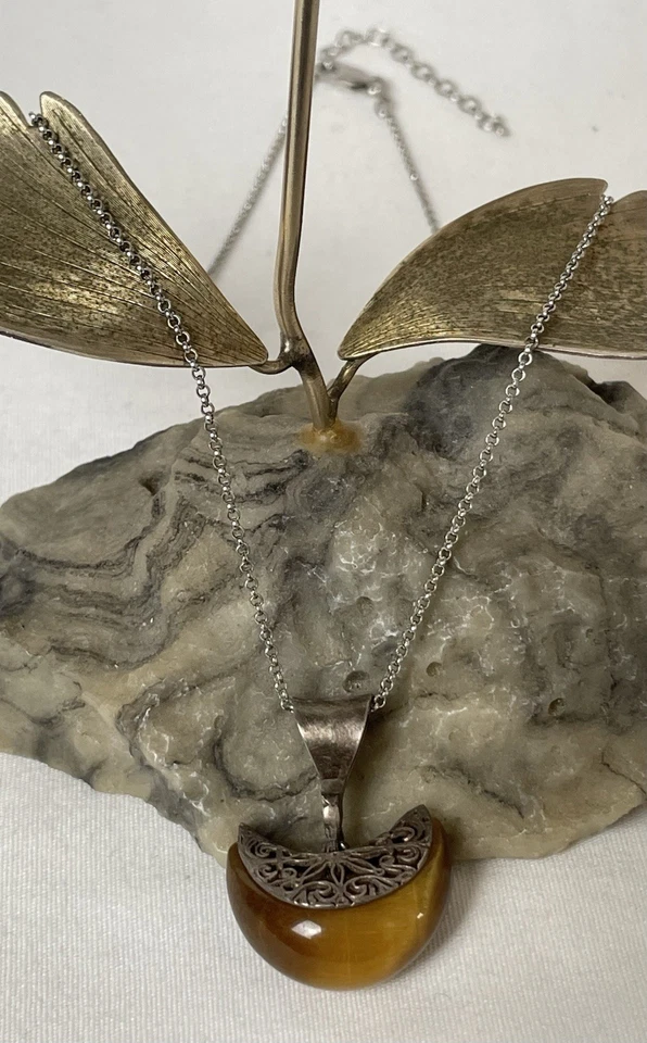 "Collar gargantilla ojo de tigre de plata de ley 925 cadena cable colgante media luna de 15""" Foto 1 de 4