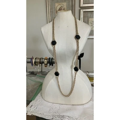 VTG Gold Tone Chain Necklace with Faux Black Chalcedony Medallions - Image 1 of 4