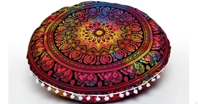 CRAFT KALA 22" Round Mandala Boho Pillow Cover Meditation Room Seating Poufs ... - Image 1 of 4
