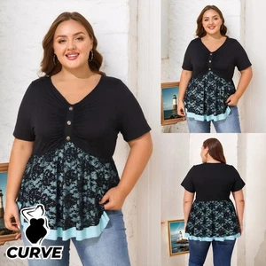 Plus Size Curvy Women Lace Patchwork T-Shirt Tops Buttons Short Sleeve Blouse - Picture 1 of 15