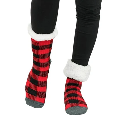 Pudus Slipper Sock Lumberjack Red Buffalo Plaid Fuzzy Cozy Holiday Winter Warm - Image 1 of 4