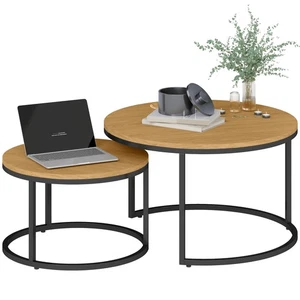 HOMCOM 2 Pcs Stacking Coffee Table Set with Steel Frame, Brown Wood Effect - Picture 1 of 11