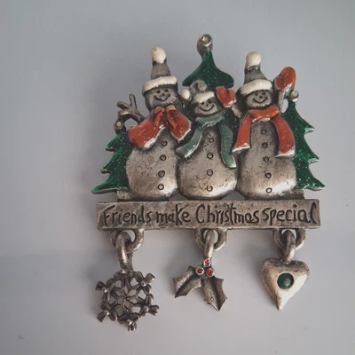 AJMC SIGNED VINTAGE PEWTER SNOWMAN BROOCH /PIN WITH ENAMEL & RHINESTONES HOLIDAY - Image 1 of 3